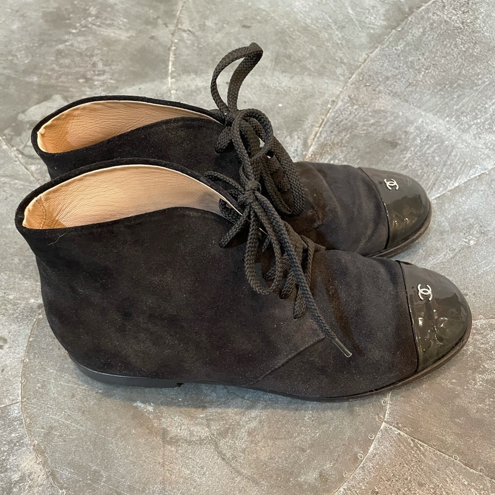 Chanel Suede Lace Up Captoe Ankle Booties